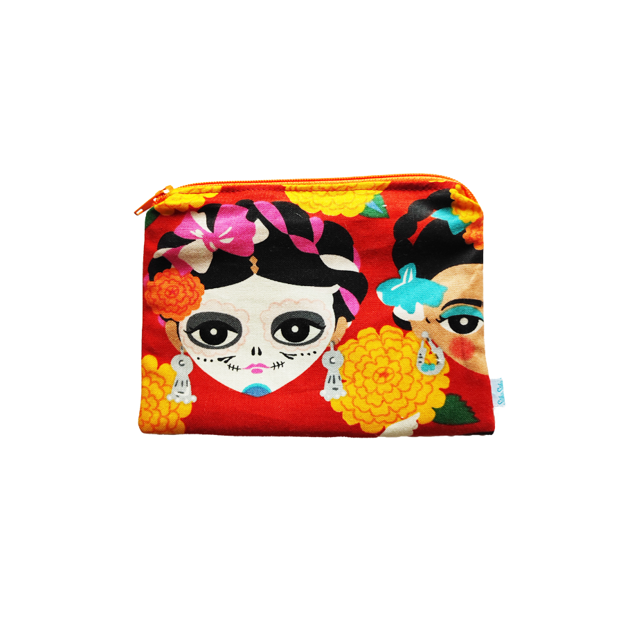 Petite Pochette Frida Skulls avec fermeture à glissière orange