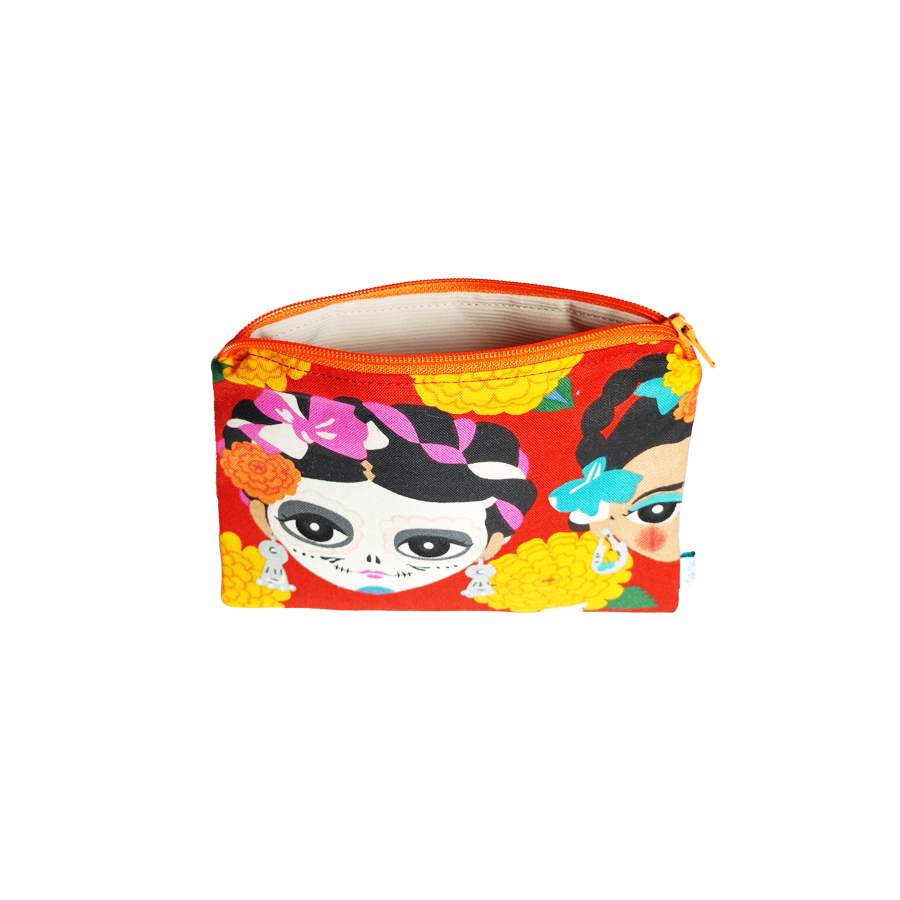 Petite Pochette Frida Skulls avec fermeture à glissière orange
