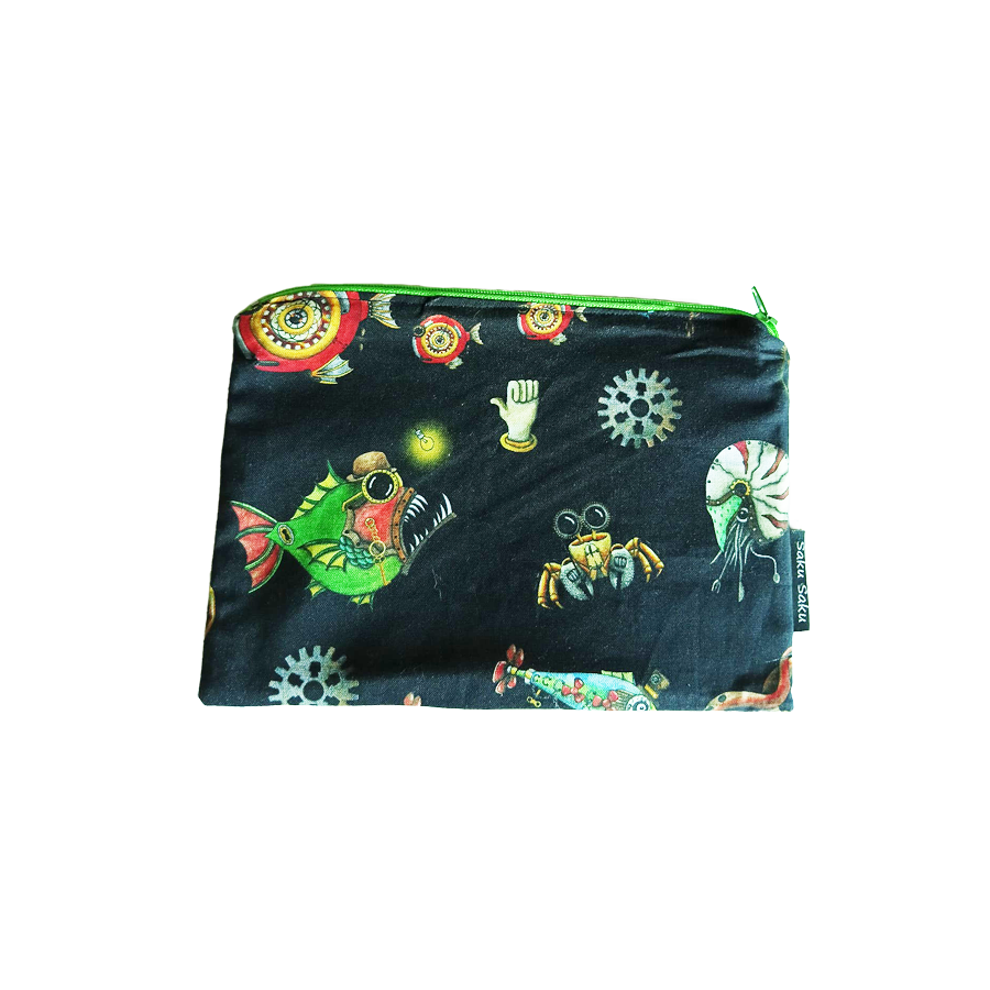 Grande Pochette Ocean Steam Noir avec fermeture à glissière verte